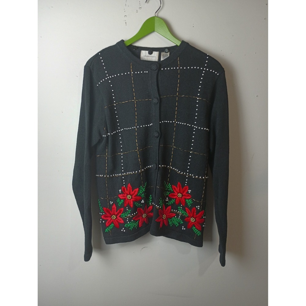 Lemon Grass Black Poinsettia Beaded Christmas Cardigan Sweater Womens Medium
